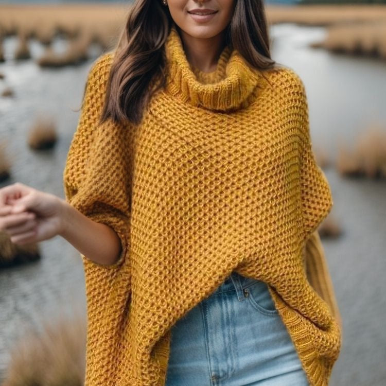 Kvinders afslappede strikket sweater med høj krave og struktureret design Stilla