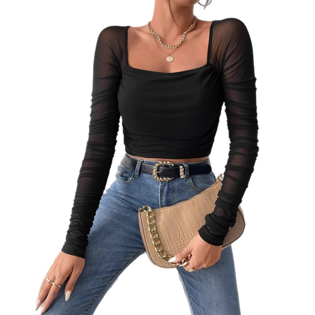 Dame Transparent Langærmet Bluse med Figurtilpasset Pasform Stilla