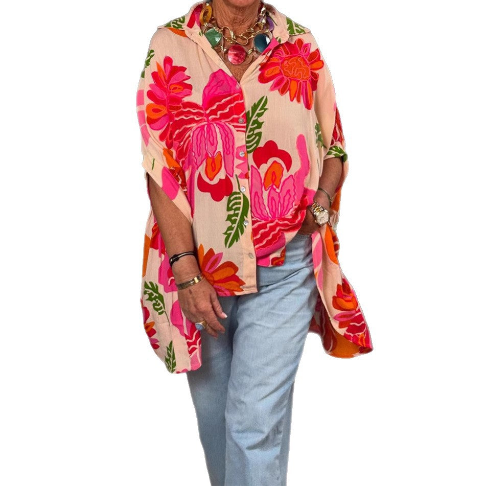 Dame nan luftig Oversize-skjorte bluse i Resort stil med stort blomstertryk og asymmetrisk spids kant Skovae