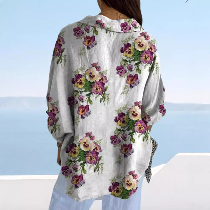 Dame nan lette linnedlook-skjorte med blomsterprint, løs pasform, opkræftelige ærmer og sidelommer Skovae