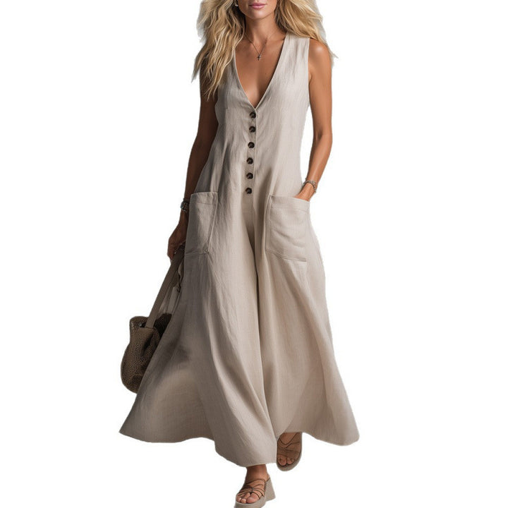 Dame elegant jumpsuit med dyb V-udskæring og praktiske lommer Skovae