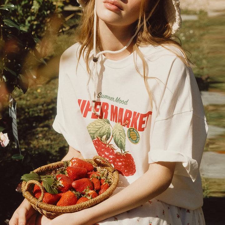 Dame T-Shirt med glad frugt-print og afslappet snit Stilla
