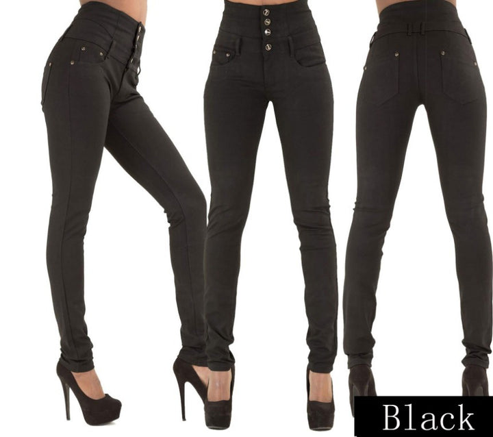 Dame højtaljede skinny jeans med dekorative knapper og samtidig figursiddende design Stilla