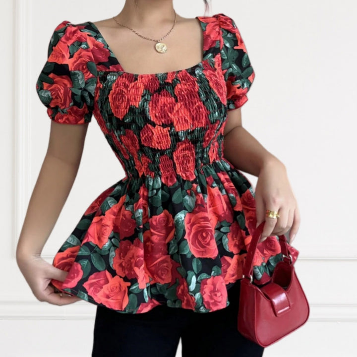 Dame Sommer top med puffærmer og blomstermønster Stilla
