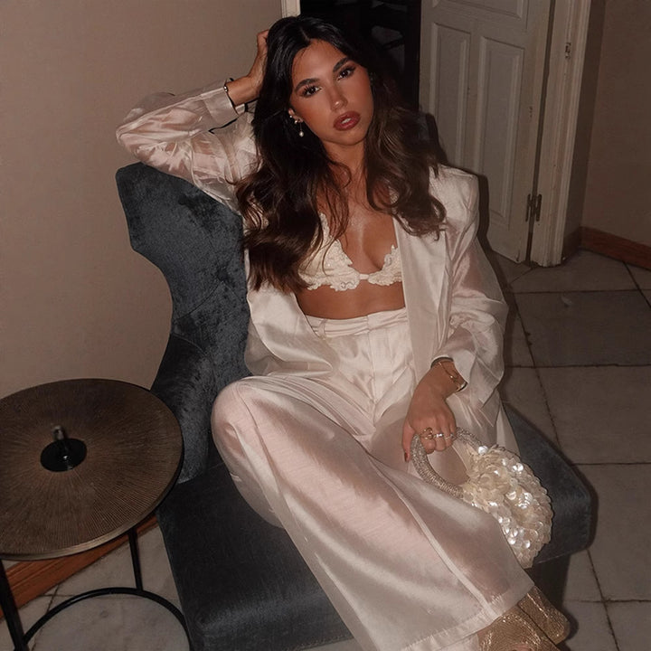 Dame elegant Satin Blazer- og Bukser-Sæt Stilla