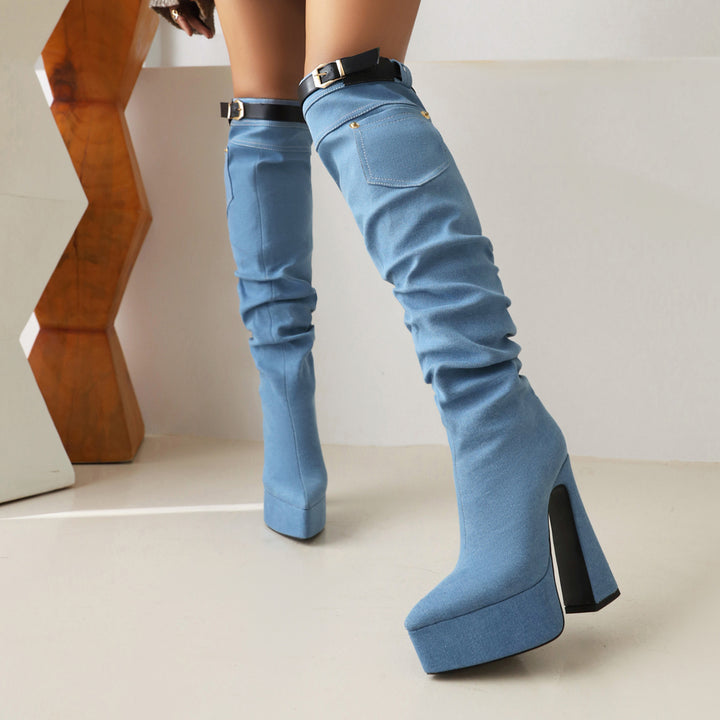 Femme Slouchy Denim Over-knæ Plattformstøvler Stilla
