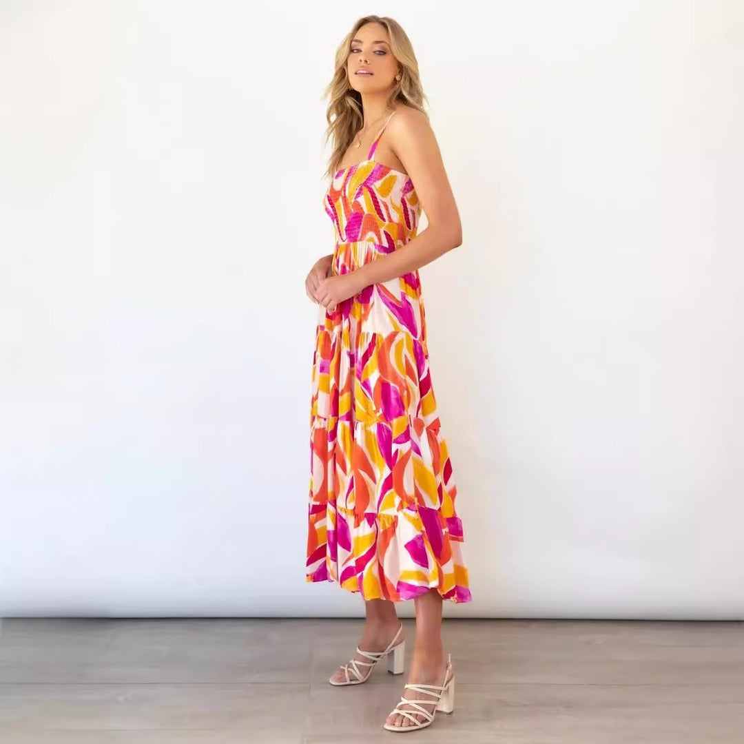 Kvindernes Boho-inspirerede Maxi Kjole med Farverigt Blomster Mønster og Elastisk Top Stilla