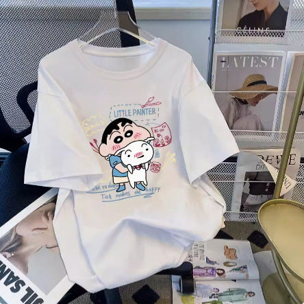 Dame T-shirt med kunstnerisk cartoon-tryk og behagelig pasform Stilla