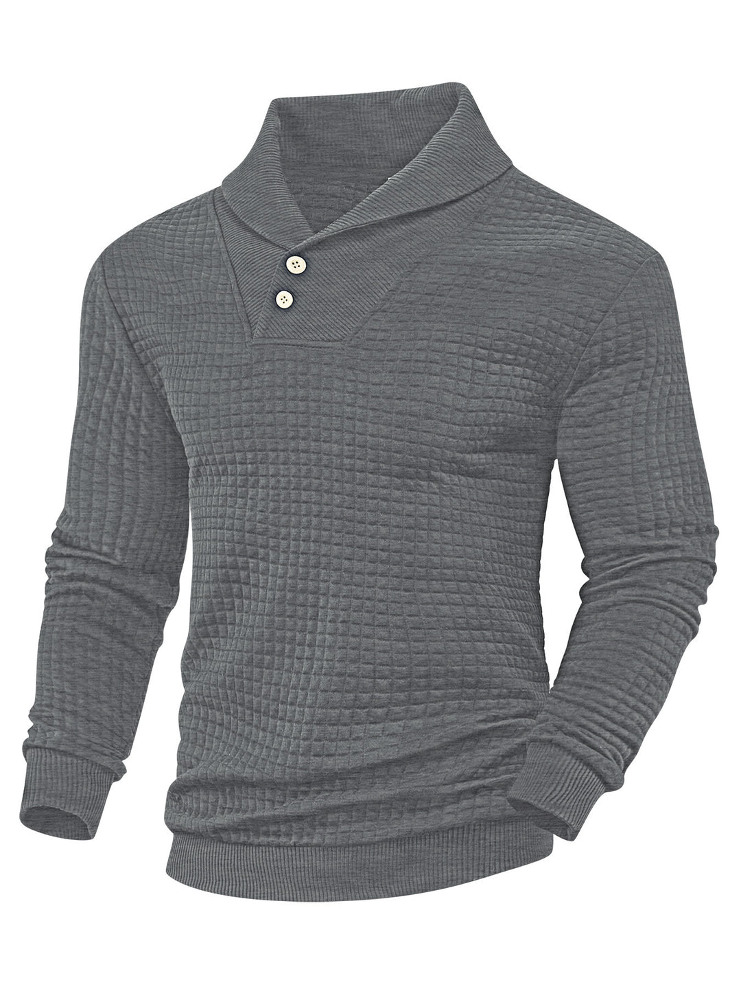 Herrer nan elegant strikpullover med sjalkrave, knapliste ved halsen og ternet vaffelmønster Skovae