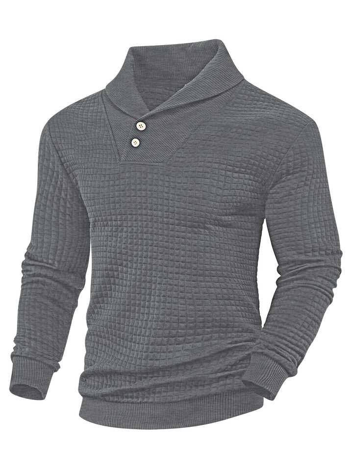 Herrer nan elegant strikpullover med sjalkrave, knapliste ved halsen og ternet vaffelmønster Skovae