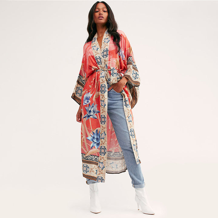 Dame Boho-stil strandtunica med blomstermønster og elegant snit Stilla