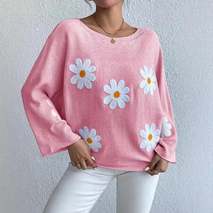 Kvindernes strikkede sweater med legende blomsterdesign og løs pasform Stilla