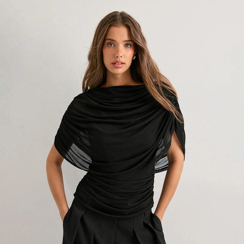 Dame wrap top med dekorativt flæse-detalje og tætsiddende pasform Skovae
