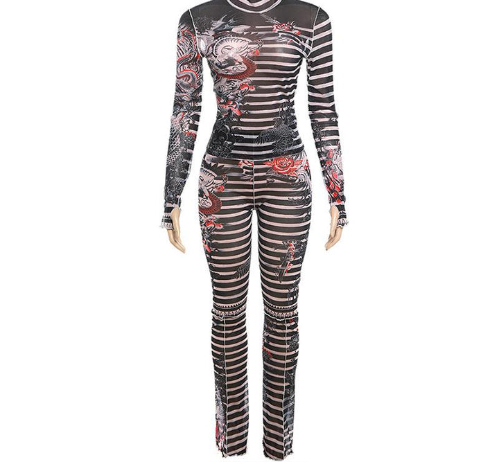 Dame bodysuit i spændende grafikdesign med transparente indsatser Stilla