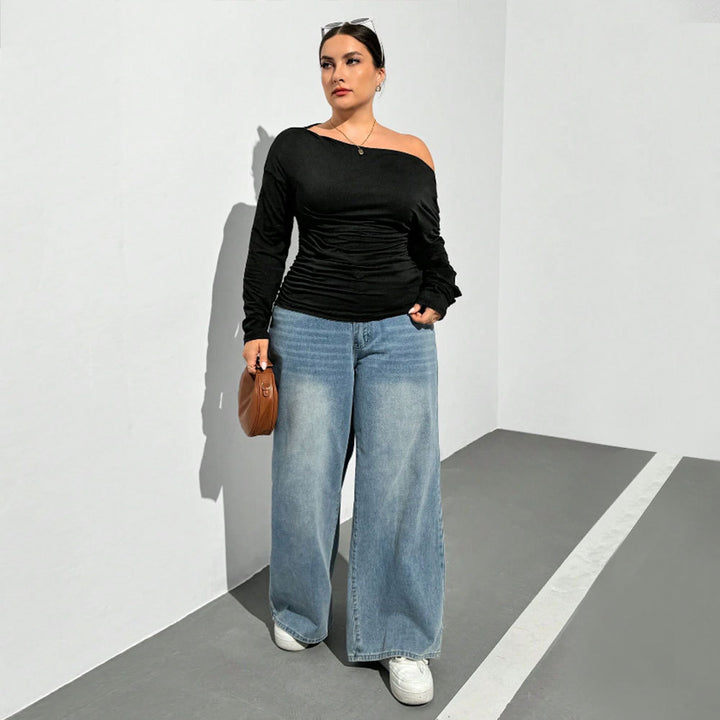 Dame afslappet top med off-shoulder design og rynkning Stilla