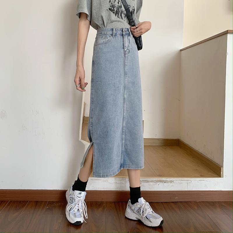 Damer Lang Denim Nederdel med Chic Slids Stilla