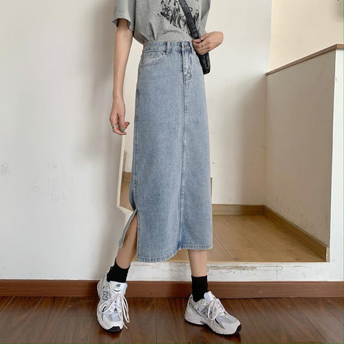 Damer Lang Denim Nederdel med Chic Slids Stilla