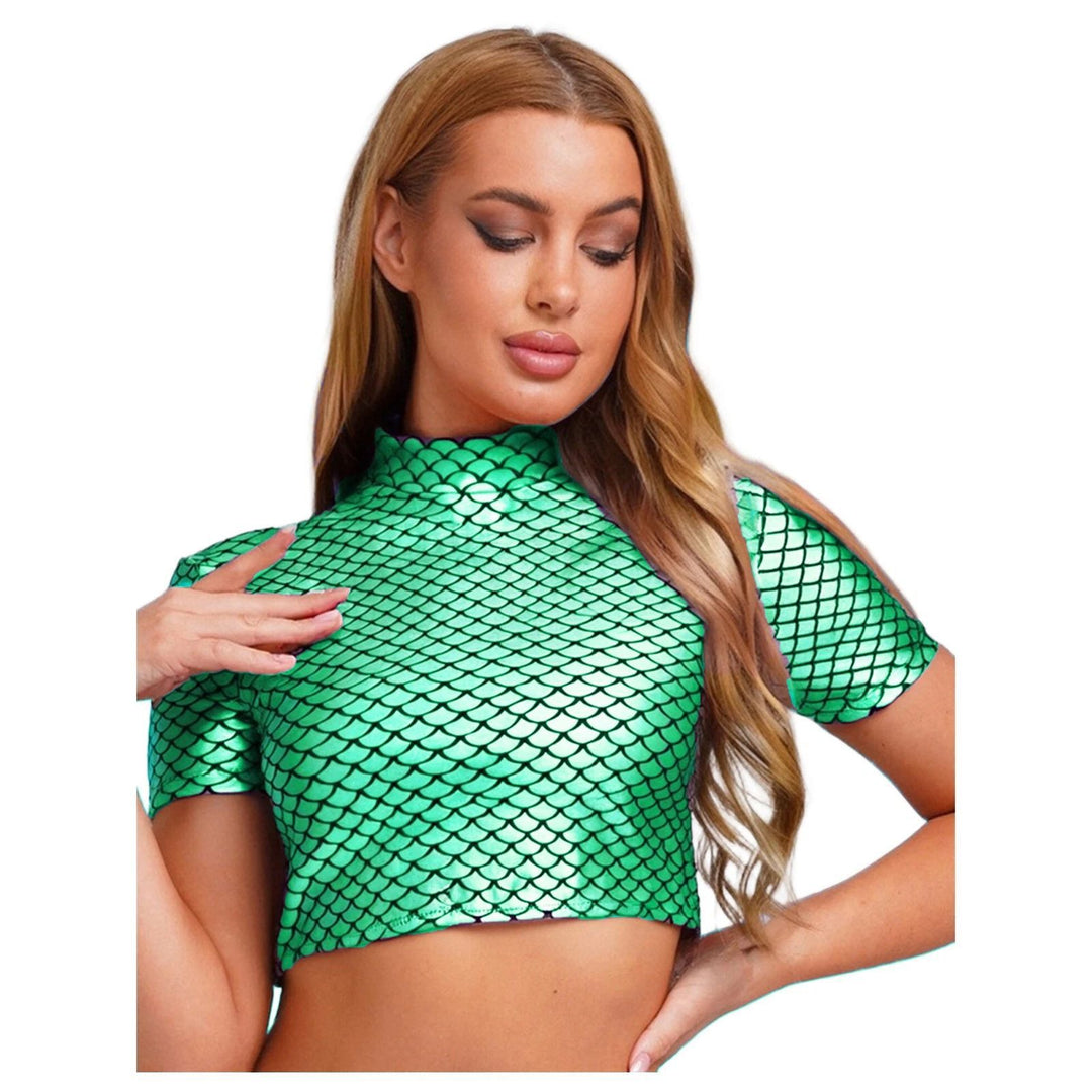 Dame Glitrende Cropped Shirt med glitrende fiskskæl-mønster Skovae