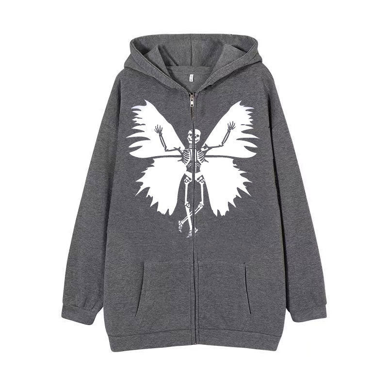 Kvinder's zip hoodie med unikt skelet og sommerfugl design Skovae