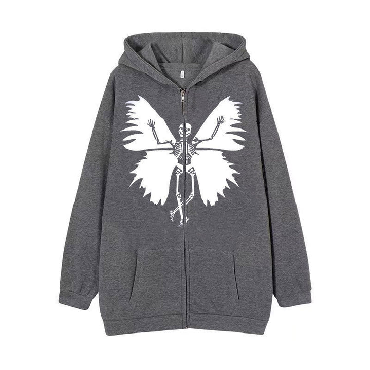 Kvinder's zip hoodie med unikt skelet og sommerfugl design Skovae