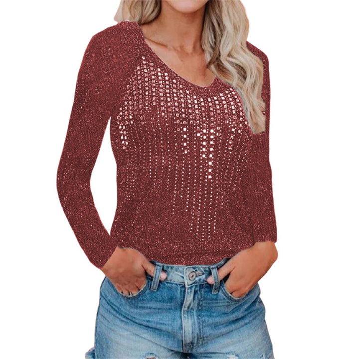 Dame Glitrende Sweatertop med elegant V-udskæring og trendy netdesign Stilla