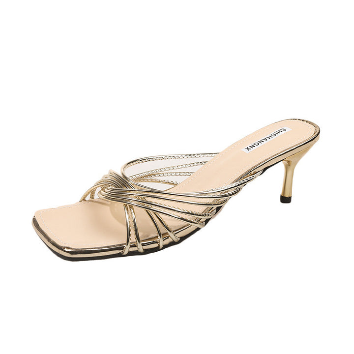 Dame Riemchen Open-Toe Hæl Mules med elegante gyldne accenter Stilla