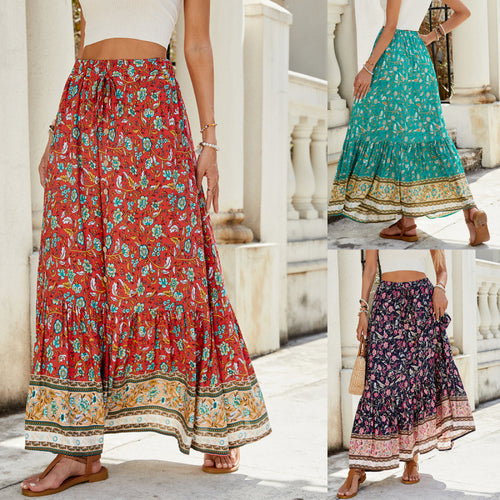 Femme Bohemian Floral Maxi Skirt med høj slids Stilla