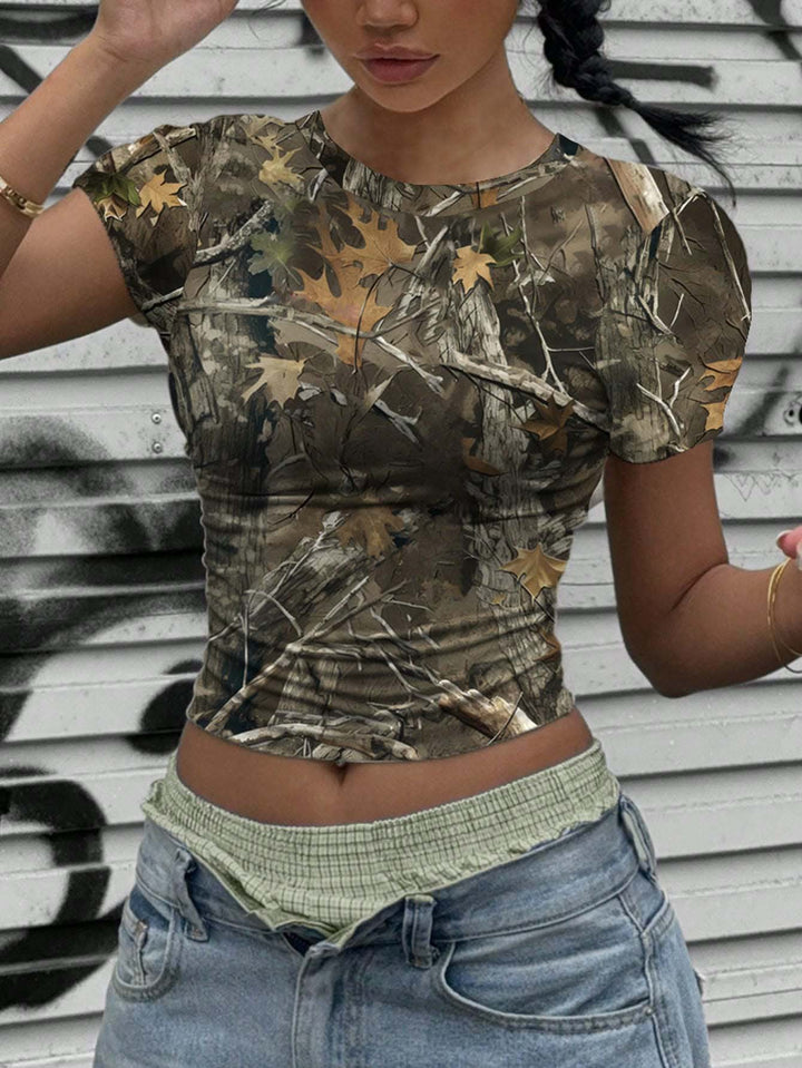 Dame T-shirt med nedskårne ærmer og camouflage-mønster Stilla