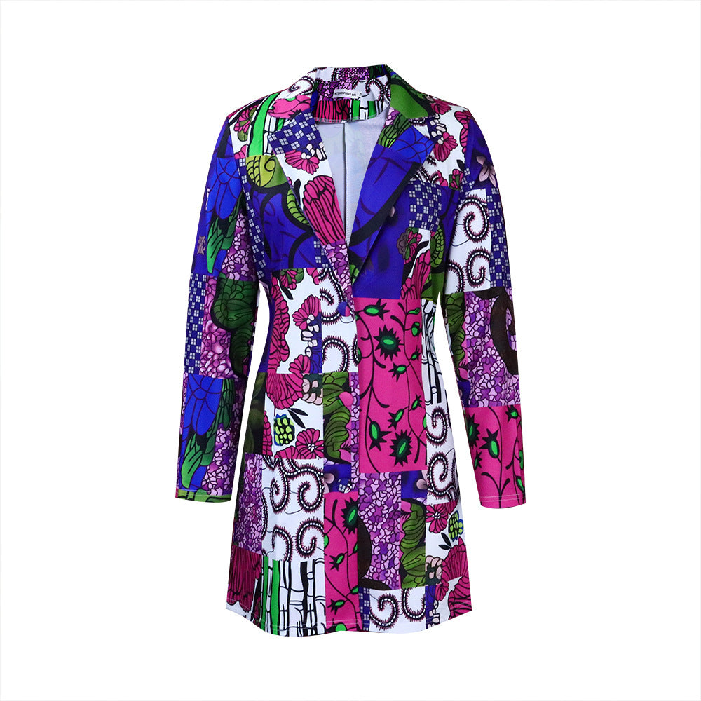 Dame Lang Blazer med farverig Patchwork-design og dekorativ krave Stilla
