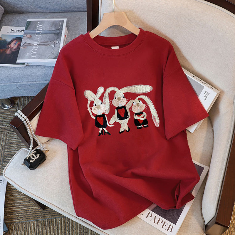 Dame T-shirt med humoristisk kaninmotiv og glitrende detaljer Stilla