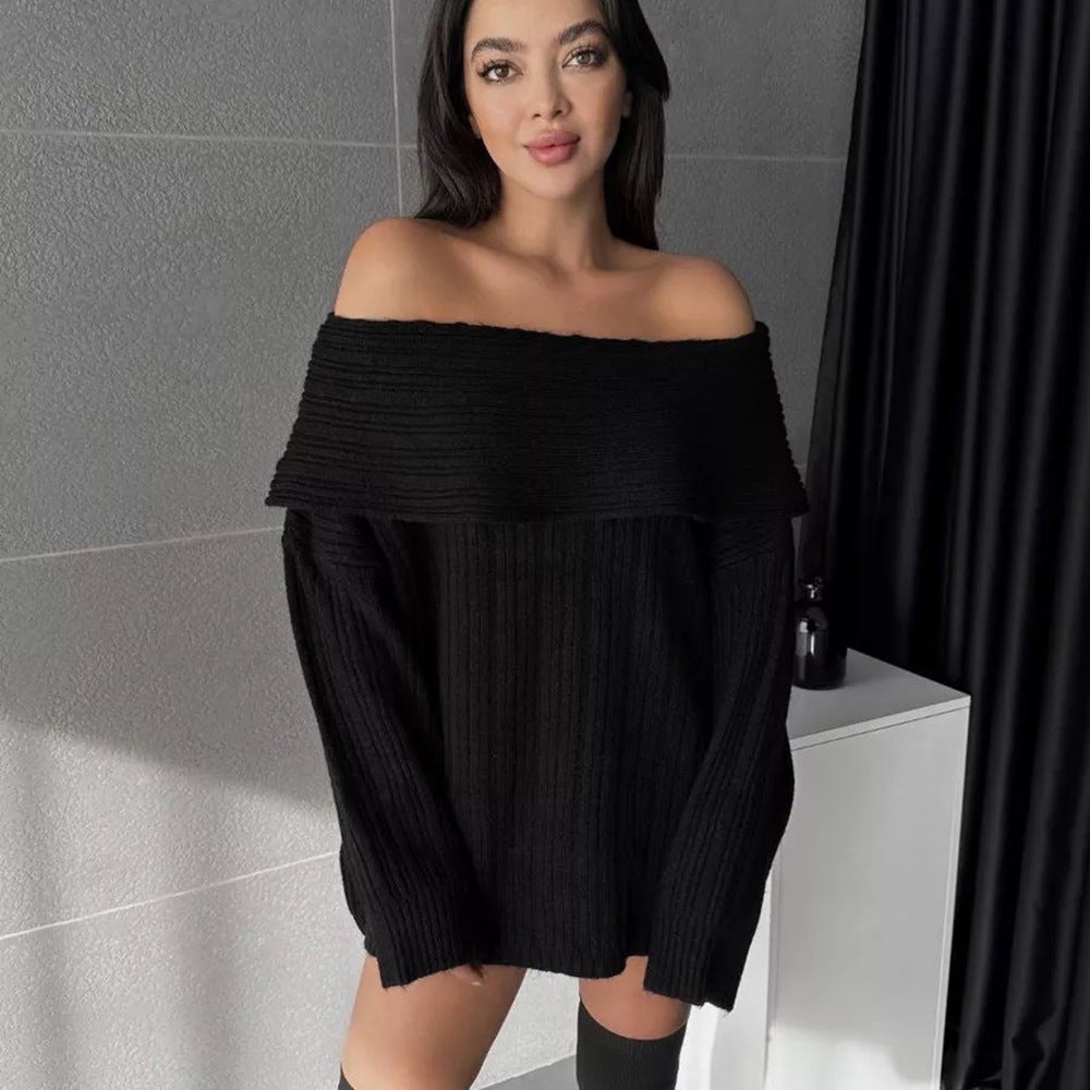 Kvinders oversized striktrøje med off-shoulder design og fin ribbet tekstur Stilla