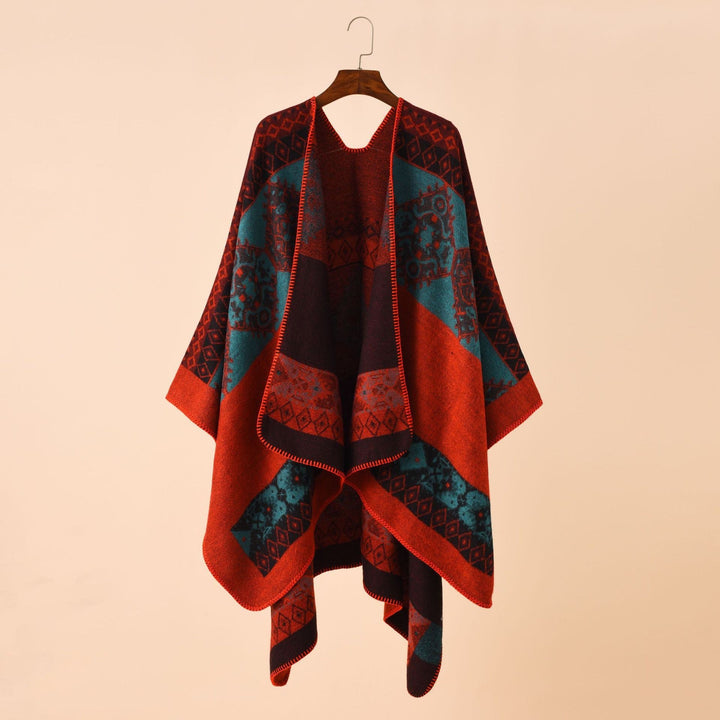 Dame Mode Poncho med Kunstnerisk Mønster og Frynset Kanter Skovae