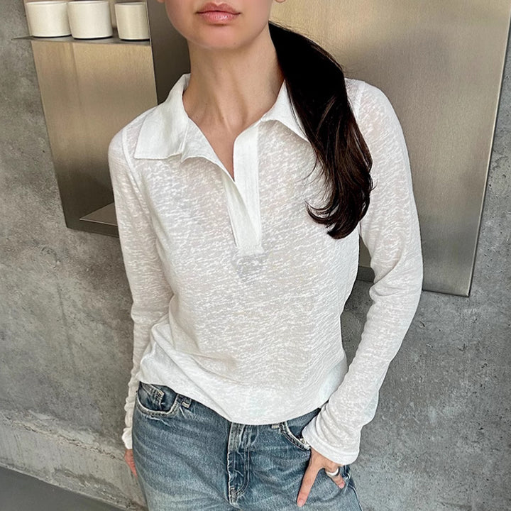 Dame Langærmet Poloshirt med struktureret stof og elegant krave Stilla