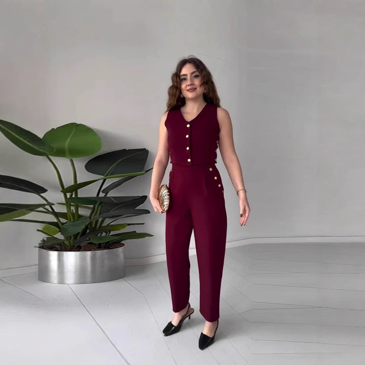 Dame crop-top med elegante knapper og højtaljede bukser Stilla