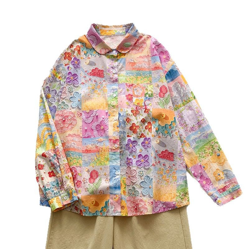 Dame langærmet skjorte med farverigt patchwork-design Stilla
