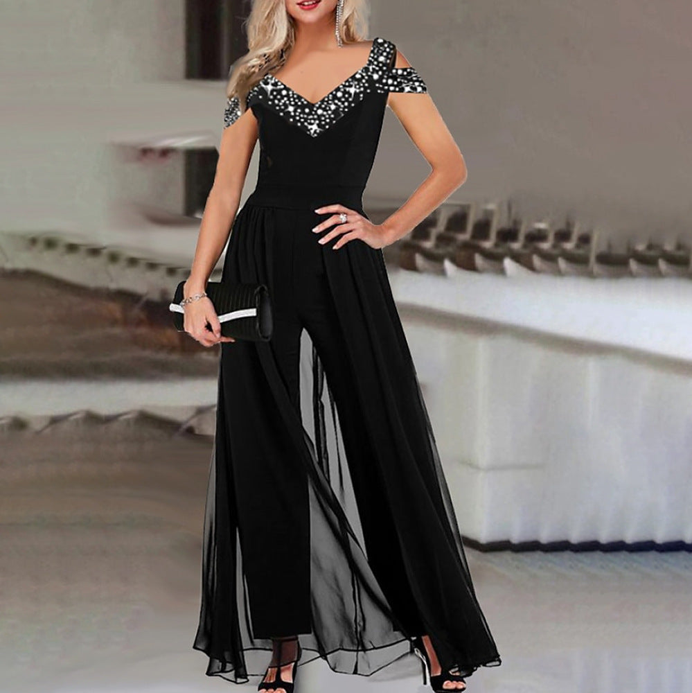 Dame Elegant Chiffon Jumpsuit med Paillet-Overdel Stilla