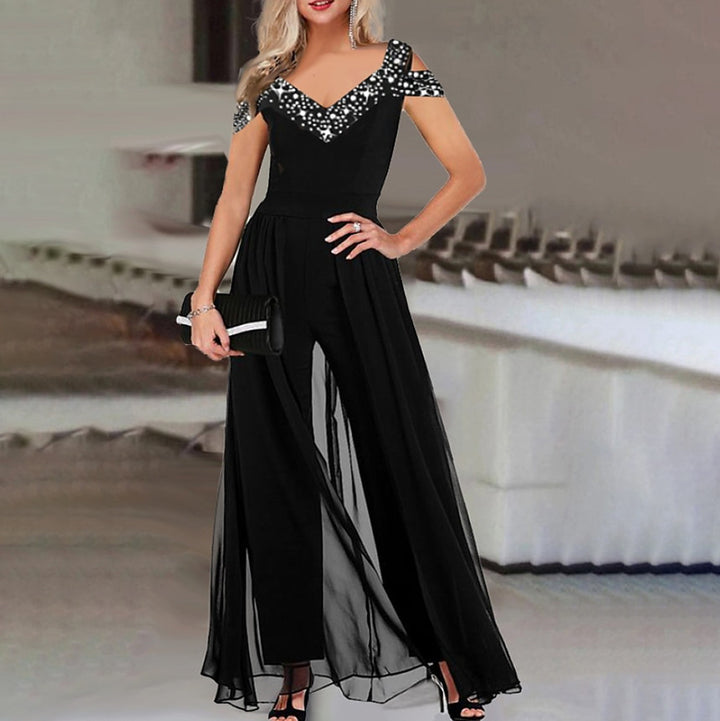 Dame Elegant Chiffon Jumpsuit med Paillet-Overdel Stilla