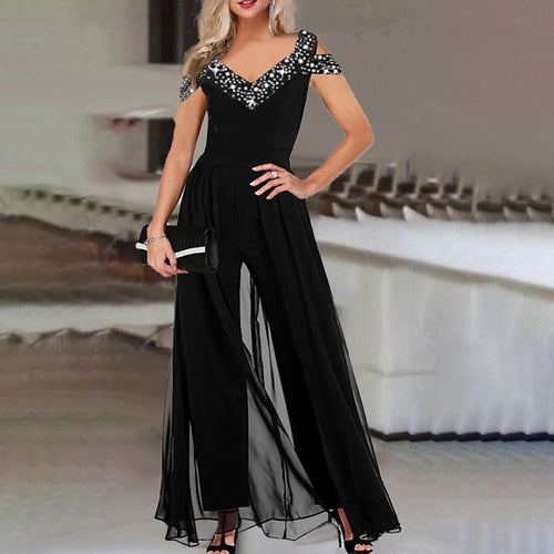 Dame Elegant Chiffon Jumpsuit med Paillet-Overdel Stilla