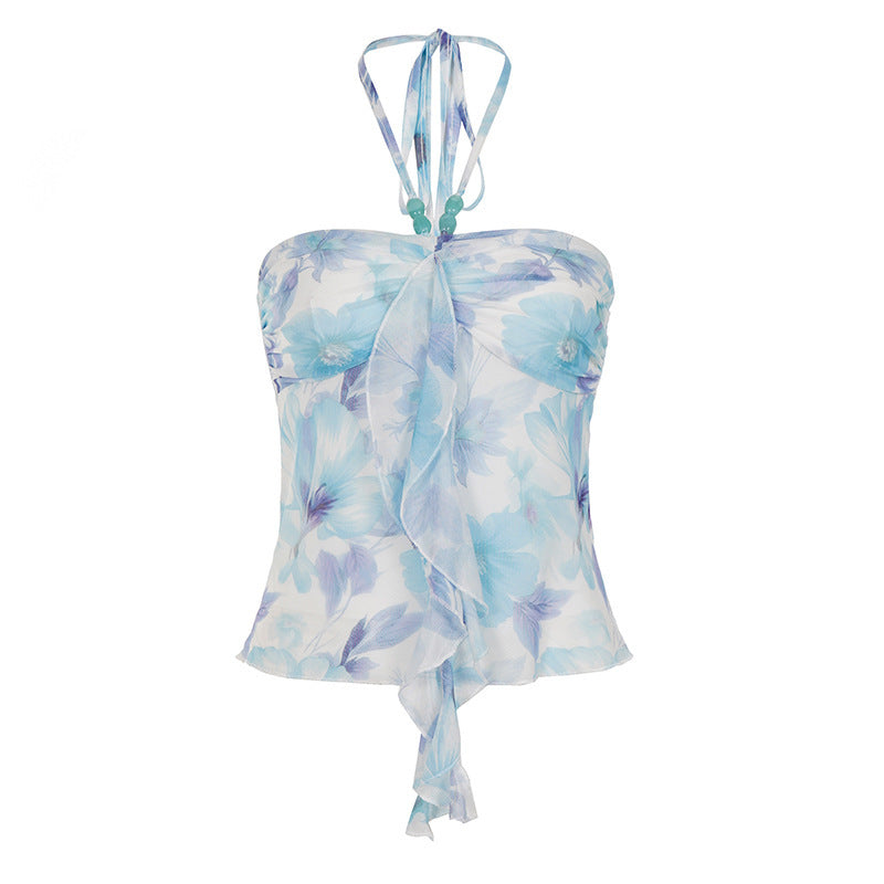 Dame Spaghetti-top med blomsterindsatser og transparente flæser Skovae