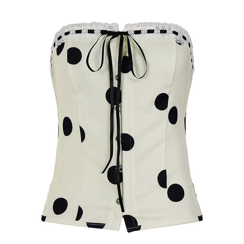 Dame top med strapless design og legende polka-dot mønster Skovae