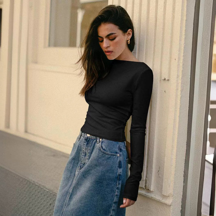 Dame Langærmet Crop-Top med figursyet snit og strækbart materiale Stilla