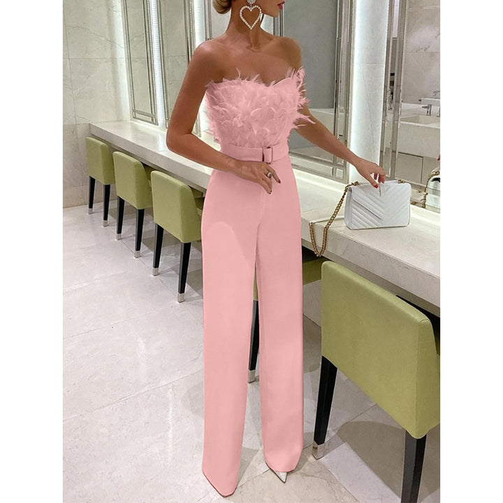 Dame Elegant Jumpsuit med Fjer og Taljemateriale Stilla