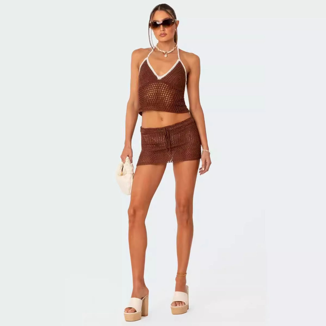 Dame hæklede strand-outfit med justerbar top og shorts Skovae