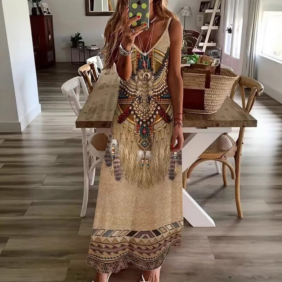 Dame maxikjole med kunstnerisk tribal design og flydende snit Stilla