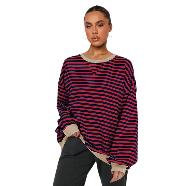 Dame Oversized Sweatshirt med stribet design og komfortable pufærmer Stilla