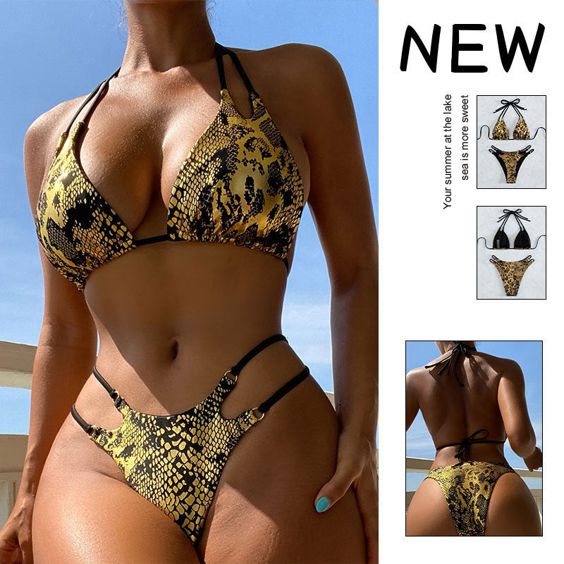 Dame triangel-bikini med moderne slangerprint og elegante bindebånd Skovae