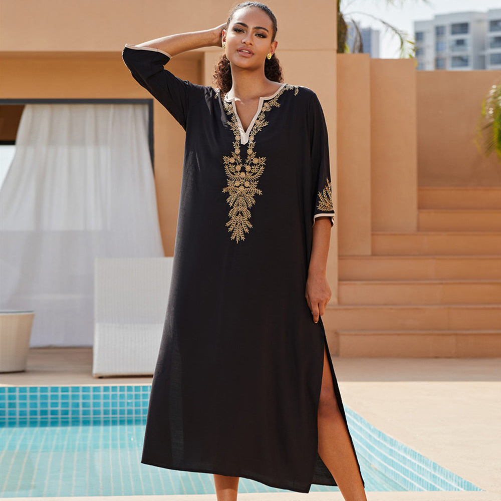 Dame Maxi-Kaftan med elegant guldbroderi Stilla