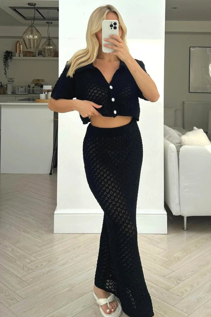 Dame afslappet strik sæt med cropped jakke og omslagsskirt Skovae