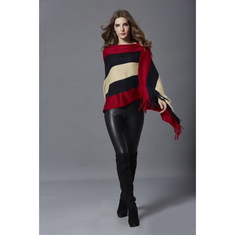 Dame geometrisk print poncho med frynse-bund Stilla