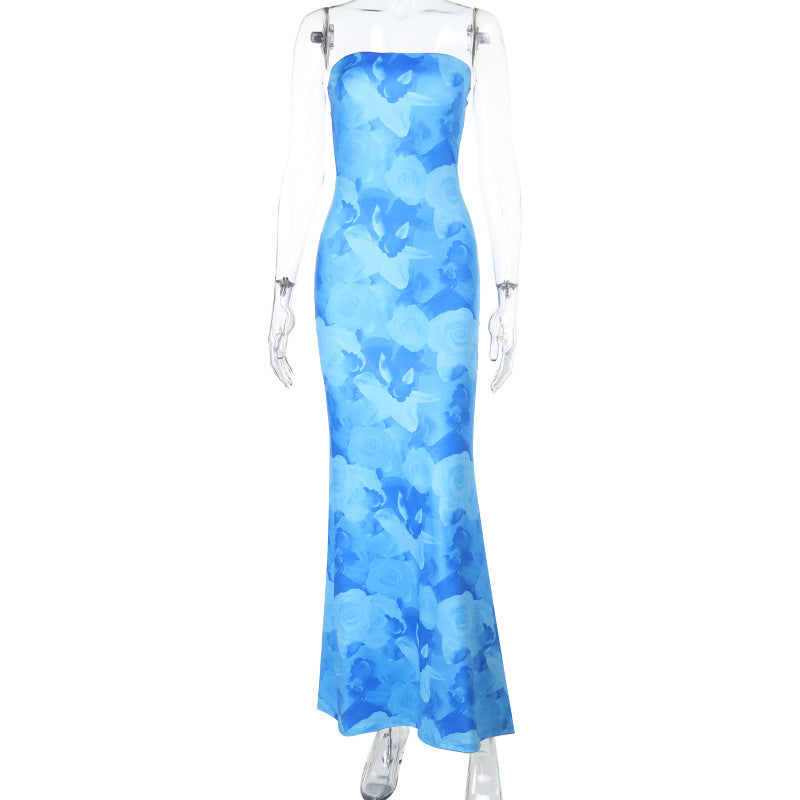 Dame elegant strapless maxikjole med blomstermønster og tætsiddende silhuet Skovae